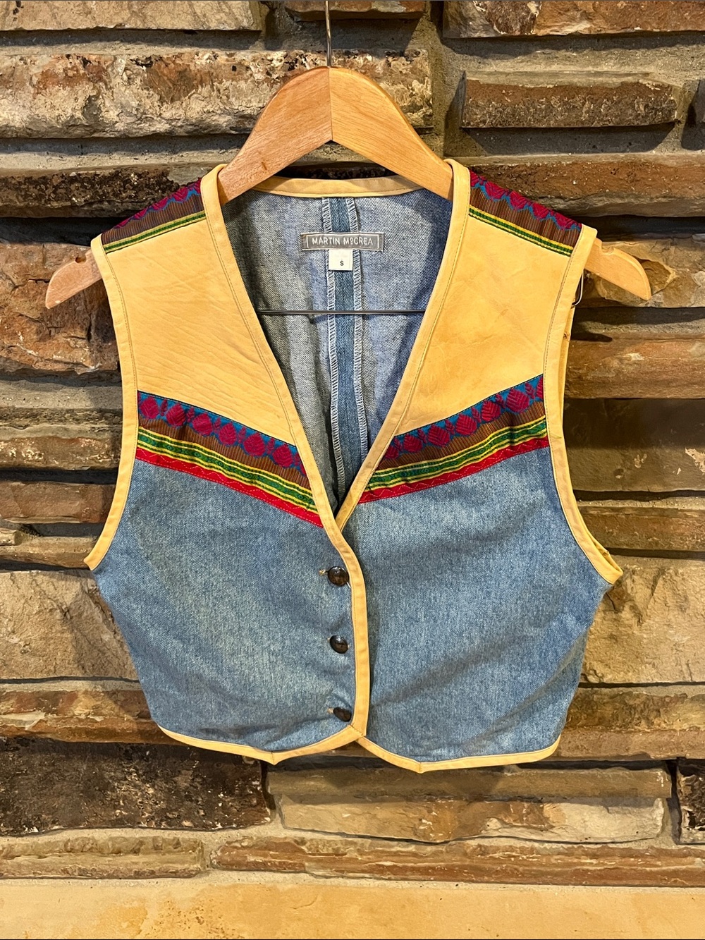 Vintage Martin McCrea Blue Denim & Tan Leather Southwestern Embroidered Vest